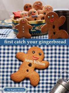 colour photo of a smiling gingerbread man on a checked cloth and above a tin of gingerbread men with two standing outside the tin