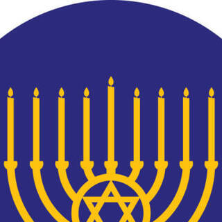 square illustration of a menorah with lit candles against blue background