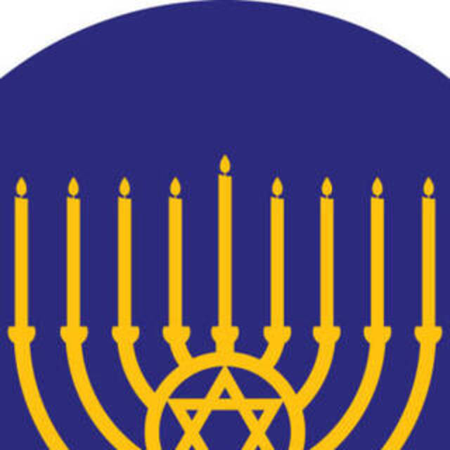 square illustration of menorah with lit candles against blue background