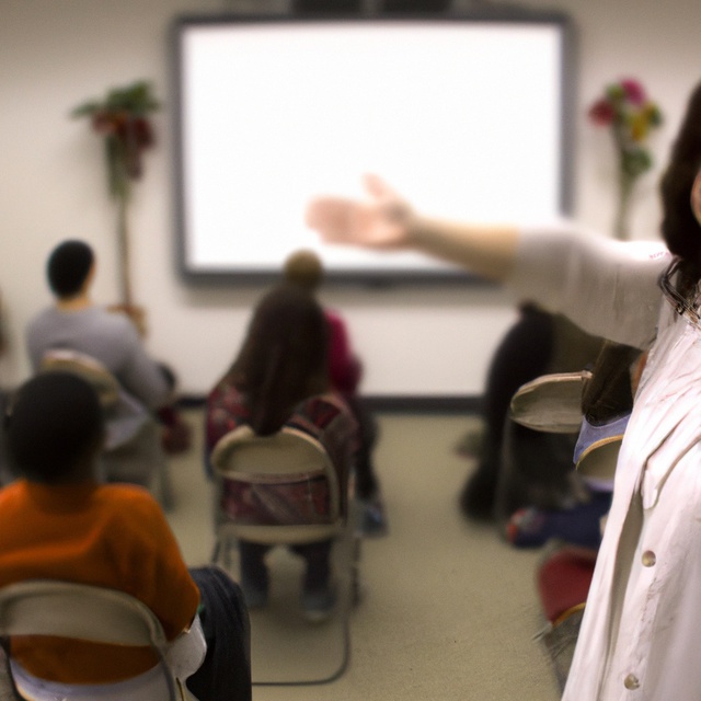 a classroom with a whiteboard and teacher pointing to it