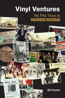 Collage of Rounder Records album covers and other photographic memorabilia