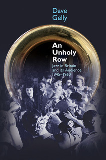 photo collage of a crowd circa 1945 superimposed in front of a trombone