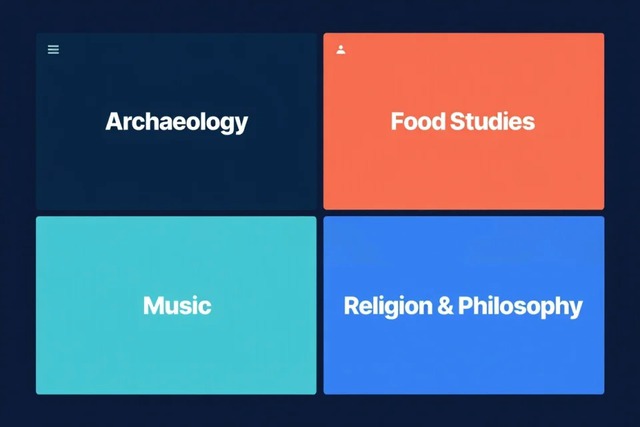4 boxes identifying 4 main subject collections archaeology food music and religion& philosophy