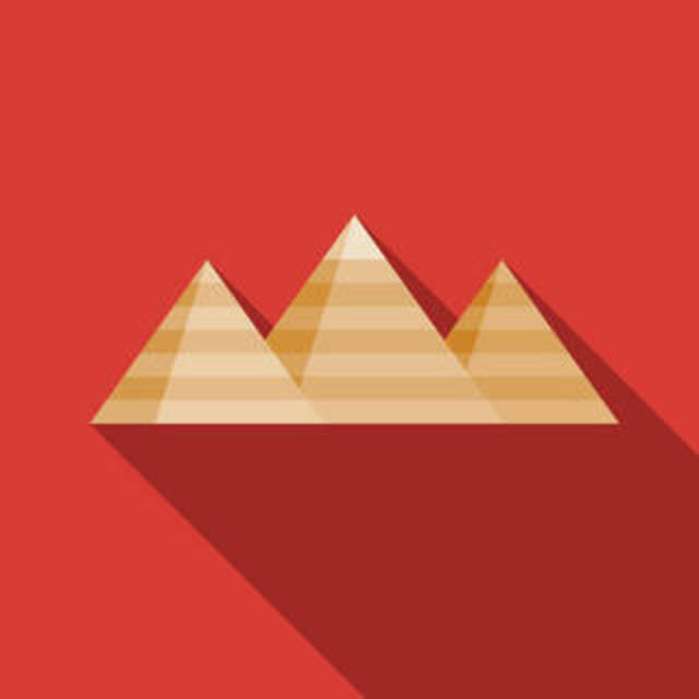 stylized drawing of three Egyptian-style pyramids