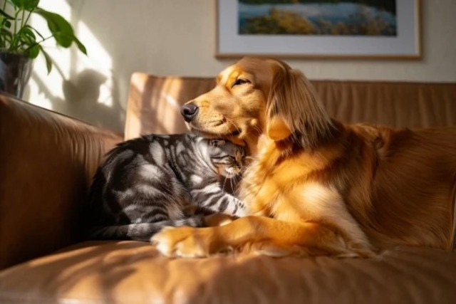 dog and cat snuggling on a sofa