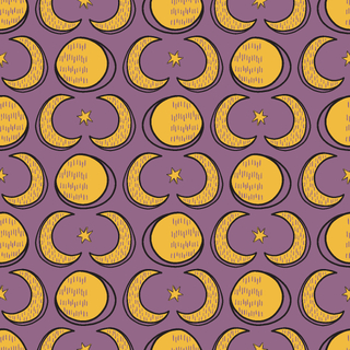 wallpaper style graphic of crescent moons and suns in 1960s-vintage style