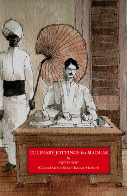 watercolor of a colonial officer seated at desk being fanned by a turbaned servant