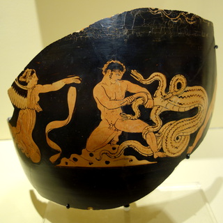 Fragmentary jar with scene of Herakles slaying the Hydra of Lerna, South Italy, 375-340 BC, ceramic - Fitchburg Art Museum