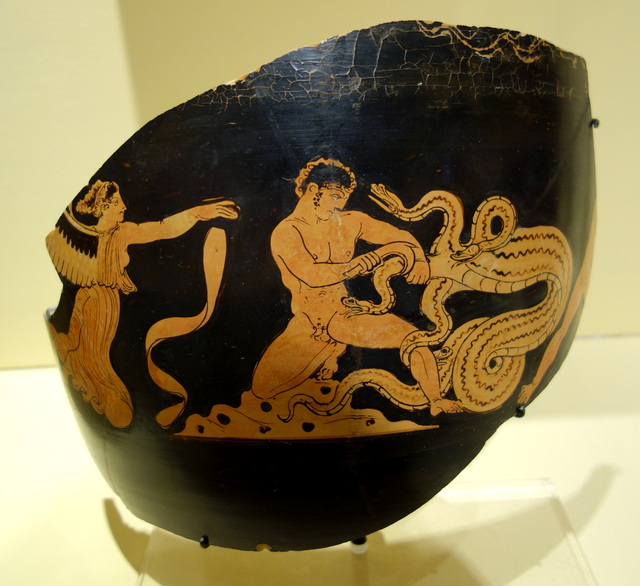 Fragmentary ceramic jar depicting Herakles slaying the Hydra of Lerna, South Italy, 375-340 BC, held by the Fitchburg (MA) Art Museum