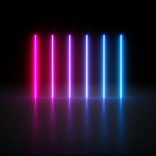 neon-style vertical color bars ranging from red to blue