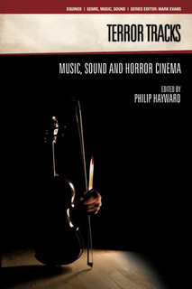 graphic of an upright violin and a disembodied arm holding a bow and a glistening knife in dark room 