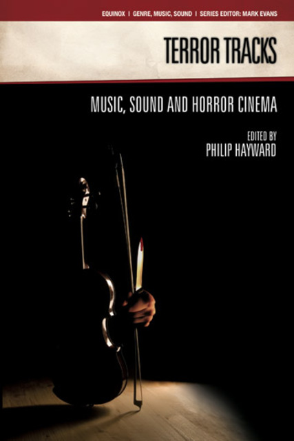 graphic of an upright violin and a disembodied arm holding a bow and a glistening knife in dark room 