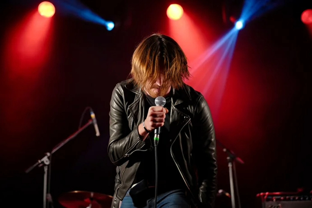 singer on stage head down holding a microphone as if just completing a song